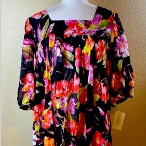 NWT Melissa Britt Size 3X Black Multi Floral MuuMuu Tropical Kaftan Semi-sheer